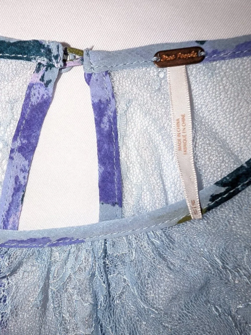 Free People | Daphne Smocked Blouse Blue Floral & Sheer Lace	| Size Medium